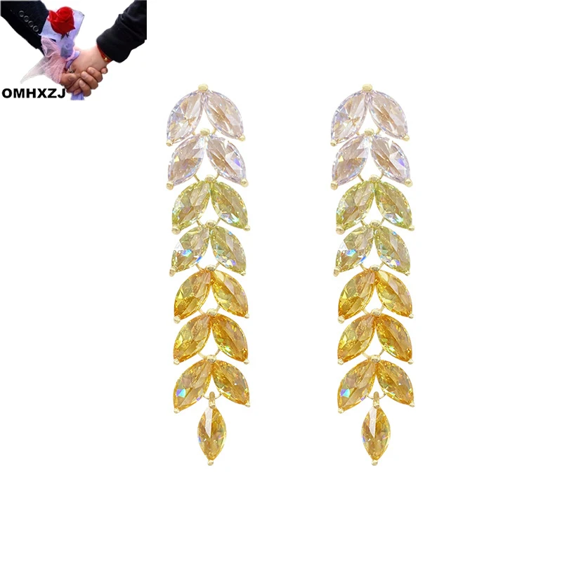 OMHXZJ оптовая продажа EA1013 Европейская мода Женская фотография подарок на день рождения свадебный подарок листья кисточки AAA циркон 18KT золотые серьги-гвоздики