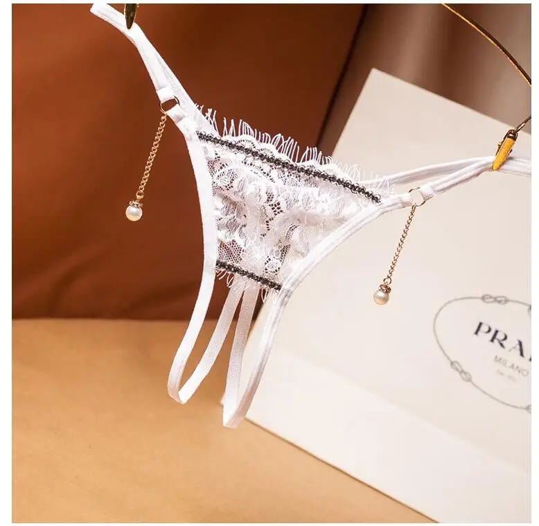 Flower Embroidery Net Yarn Open Crotch Sexy Panties For Women With Pearl Drop Pendant Thongs and G strings Underwear
