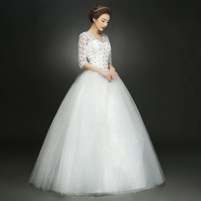 AnXin SH beauty white flower lace wedding dress princess v neck beading crystal half sleeve red | Свадьбы и торжества