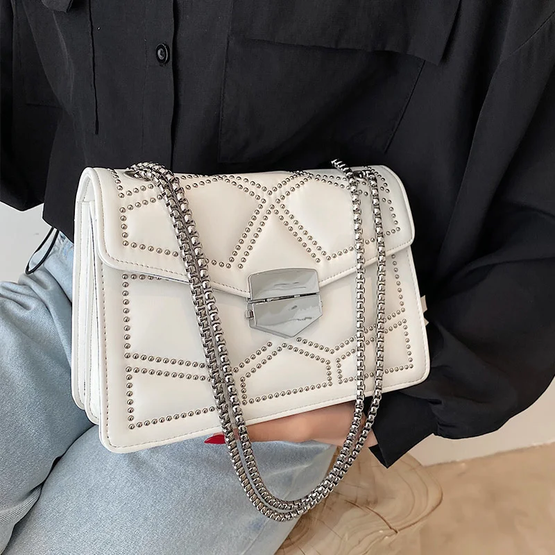 

Rivet Shoulder Bag Metal Chain Crossbody Bag 2021 Women Bags Brand Leather Luxury Handbags For Women Classic Squar Flap Satchel