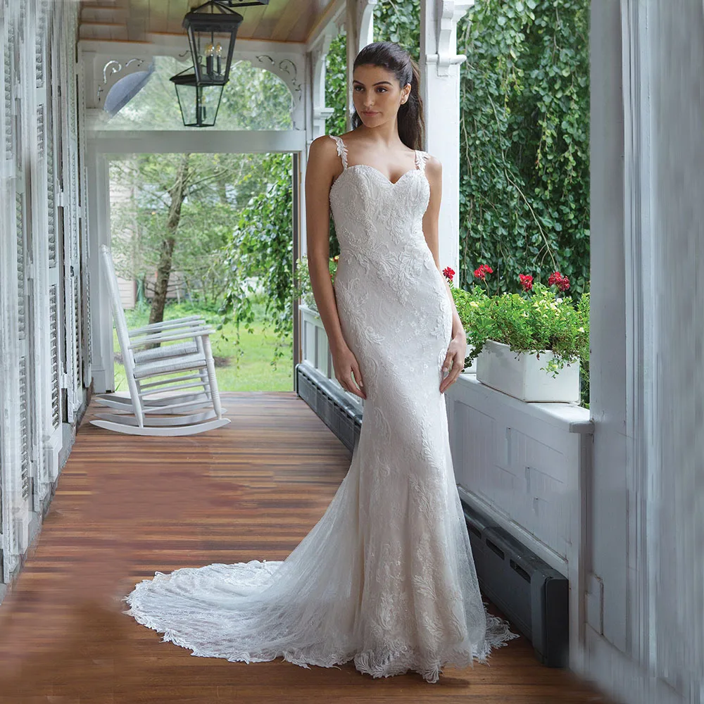 

Elegant Mermaid Sweetheart Spaghetti Straps Wedding Gown High Quality Applique Sweep Train Backless Formal Bridal Dress