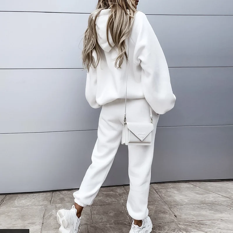 

Batwing Sleeve Hoodies Tracksuits Women Joggers High Waist Drawstring White Pullover Female Sets 2021 Summer Lady Sports Set