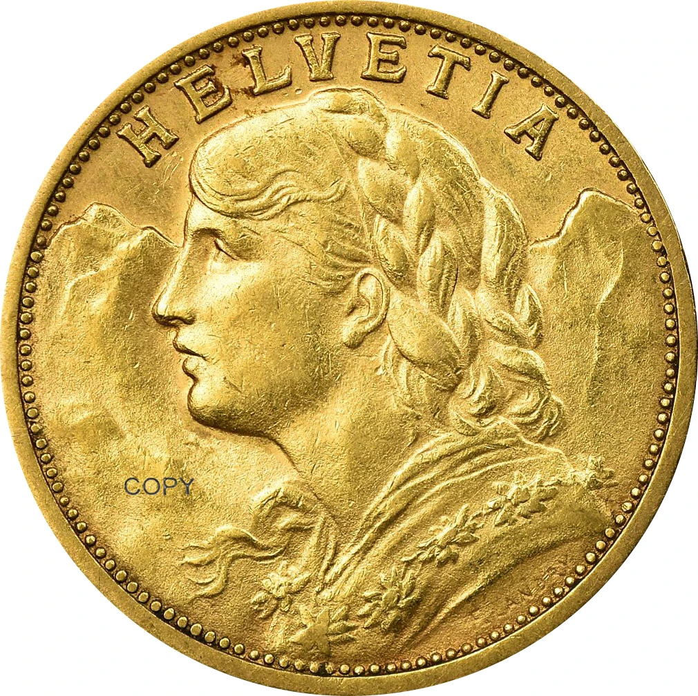 

Швейцария, Федеральное государство, 1905 B, золото, 20 франков, Helvetia, копия, монета, латунная коллекция металлические монеты точная копия, Памятн...