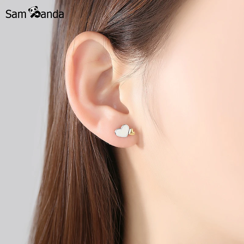 

2020 100% 925 Sterling Silver Earring Silver Double Love Studs Piercing For Women Wedding Birthday Gift Fashion Jewelry