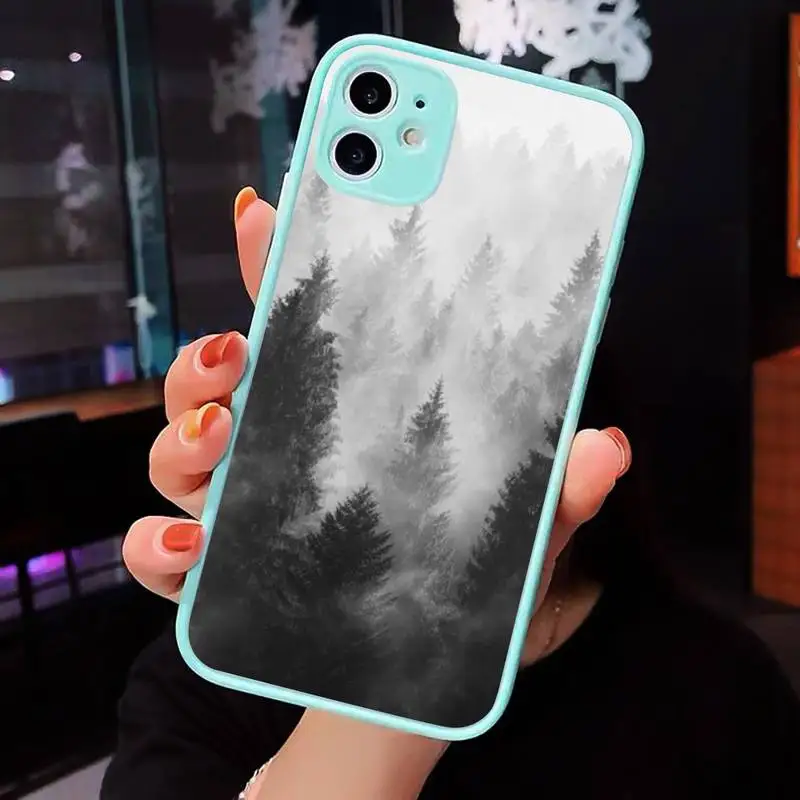 

Phone Case For iPhone 12 11 Mini Pro XR XS Max 7 8 Plus X Mountain Pine Tree Forest Peak Mist Matte transparent blue Cover