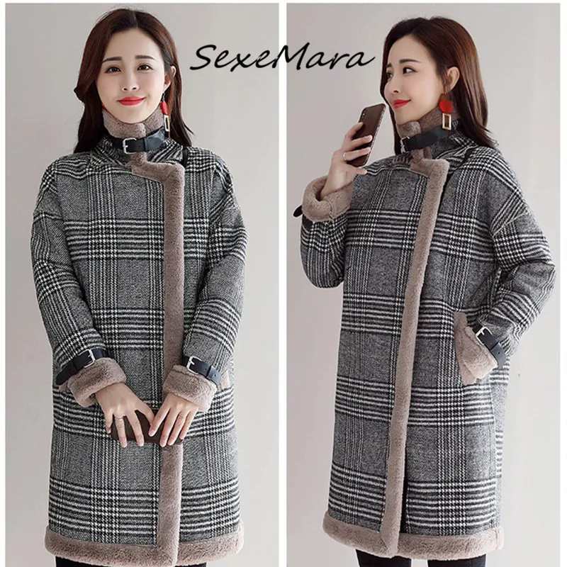 

Winter 2019 British Style Plaid Double-faced Fur Women Coats Elegant Zipper Oversized Coats