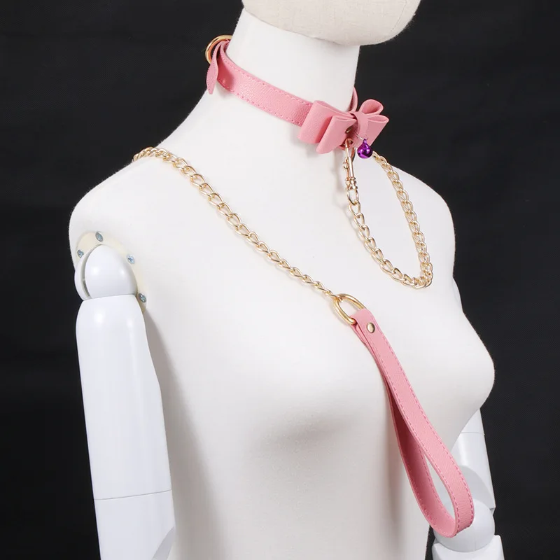 Fetish Pink Leather SM Girls Kinky Tuning Slave Collar Adult Sex Toys Choker with Metal Chain Bondage Restraint | Красота и здоровье