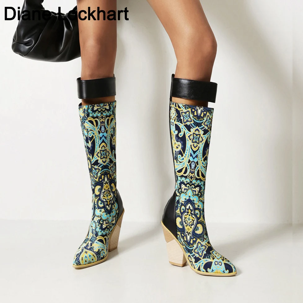 

Mixed colors Knee High Boots Lady Western Cowboy Boots for Women Long Winter Boots Pointed Toe Cowgirl wedges Motorcycle Boots