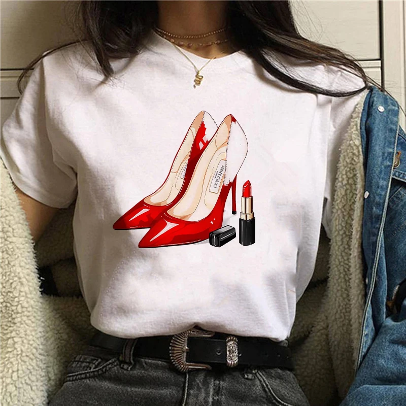 

New Fashion Women T Shirt Red High Heels Shoes and Lipstick Print Vogue T Shirt Female Harajuku Tops Tee 90s Ladies Tee Shirts T