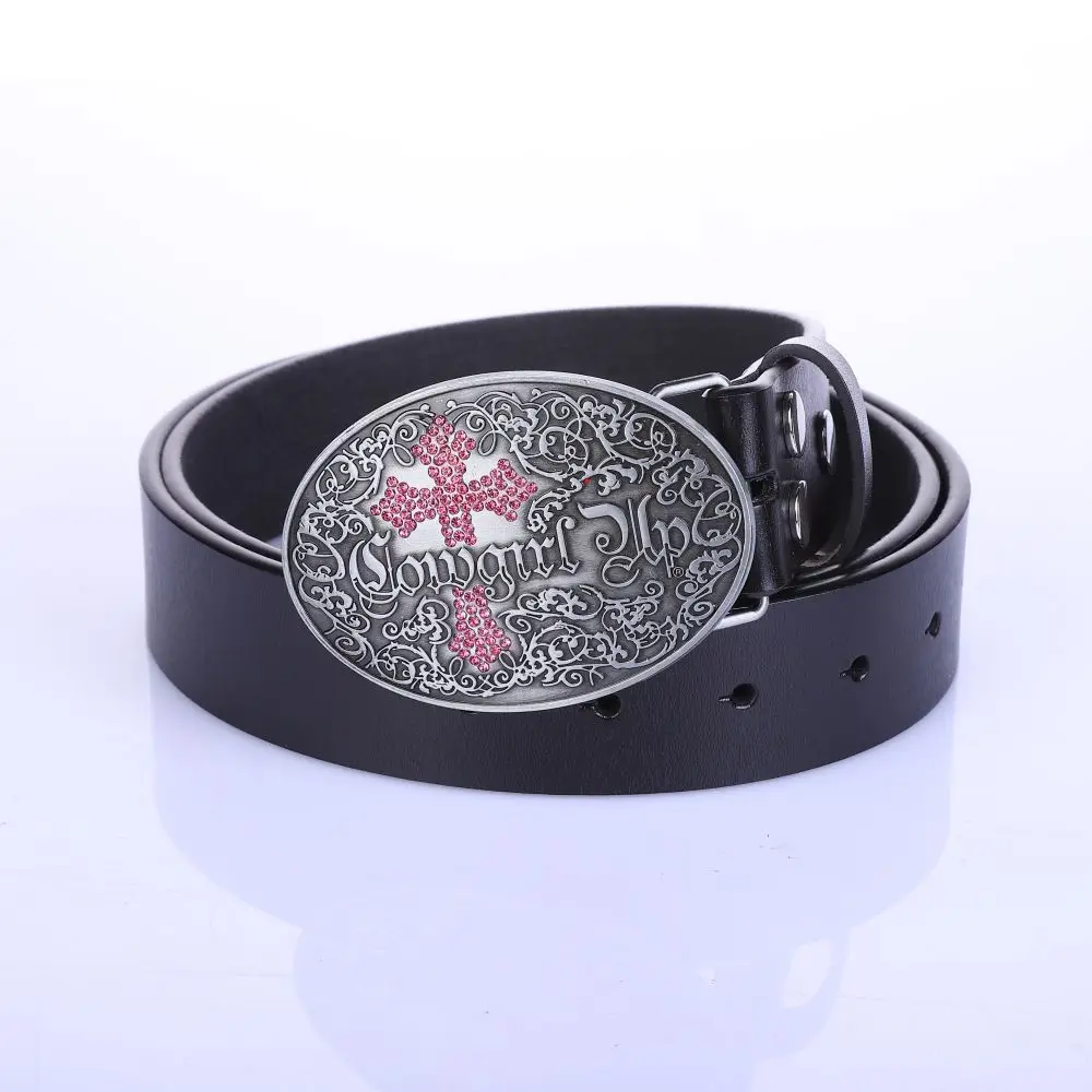 Western cowboy belt cross diamond belt buckle classic leather belt for men and women
