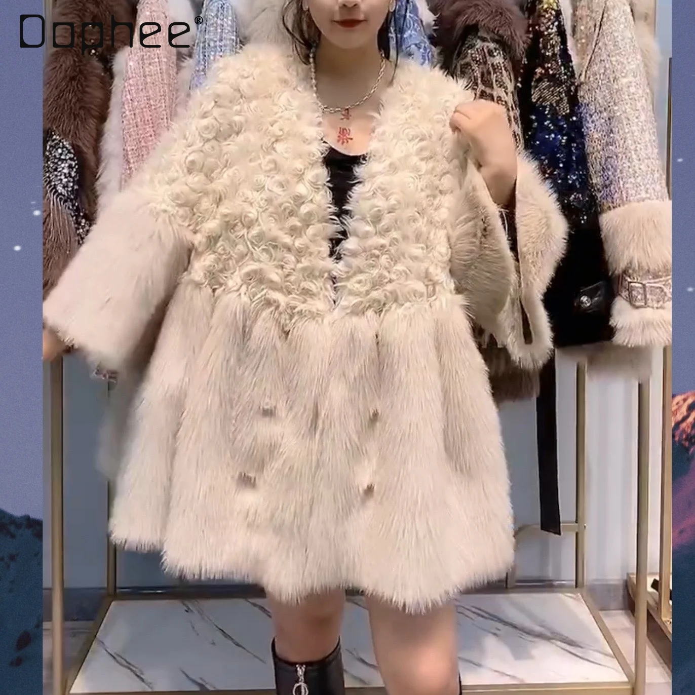 

2021 Casual Fluffy Fur Long Sleeve Female Toka Double Wool Leather Warm Coat Embroidery Sequins Trend Fashion Winter Jackets
