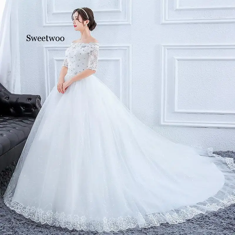 Gorgeous Long Train party Dresses Lace Beaded Ball Gown Of The Shoulder Elegant Bride Dresses Luxury Wedding Gowns