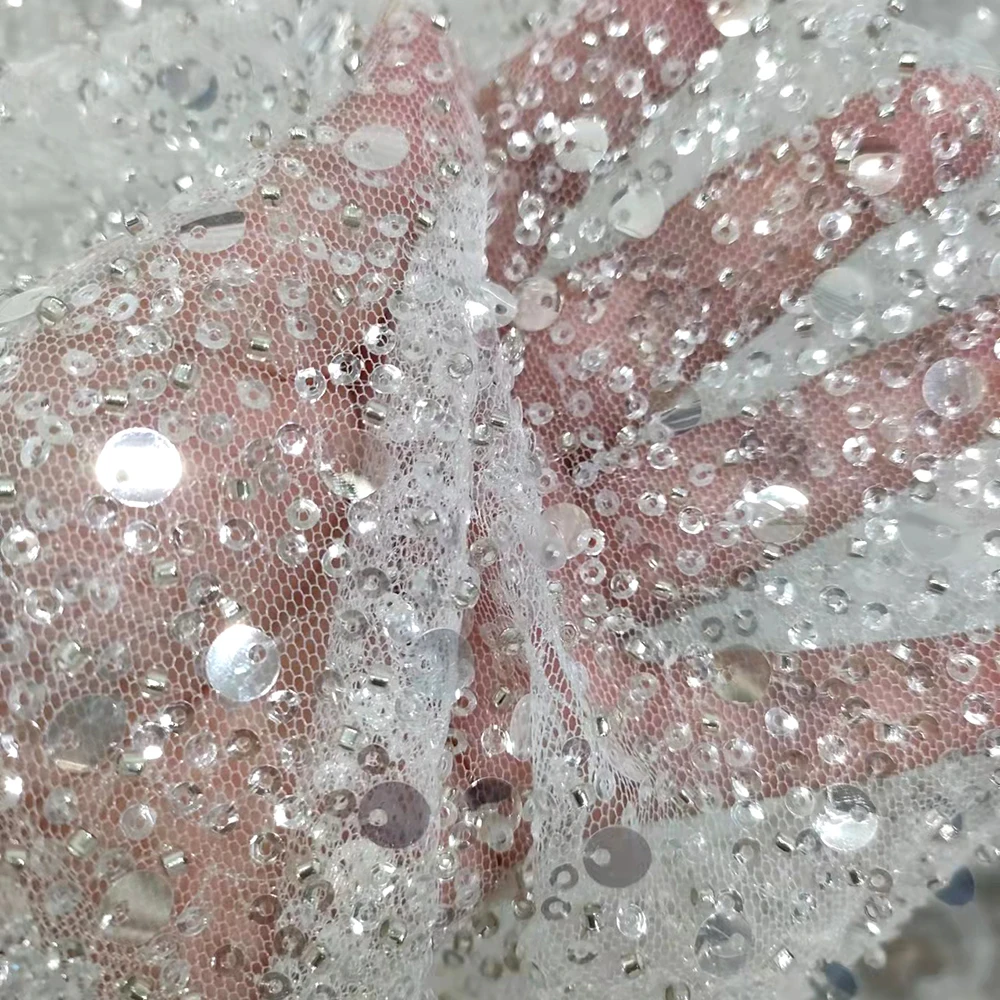 

1 Yard White Bridal Luxury Quality French Tulle Mesh Beaded Lace with Sequins Fabric for Wedding Dress Sewing Material for Gowns