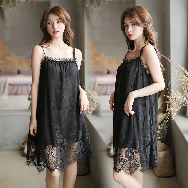 Sexy Women Lace Lingerie Robe Nightgown Long Sleepwear Vintage Elegant See Through Babydoll Femme Embroidery Dress Homewear