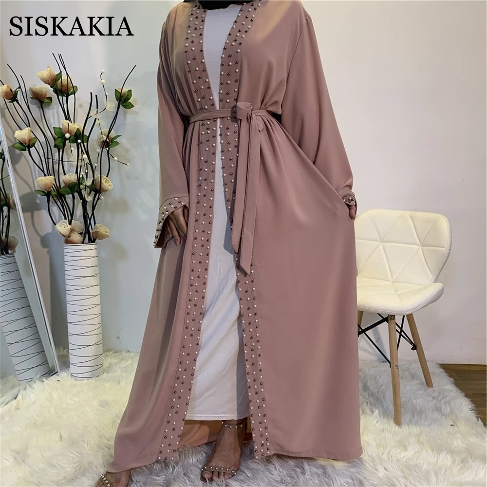Siskakia Fashion Muslim Beading Kimomo Abaya Dubai Arabic Turkish Cardigan Robe Pink Islamic Clothing for Women Autumn 2020 New
