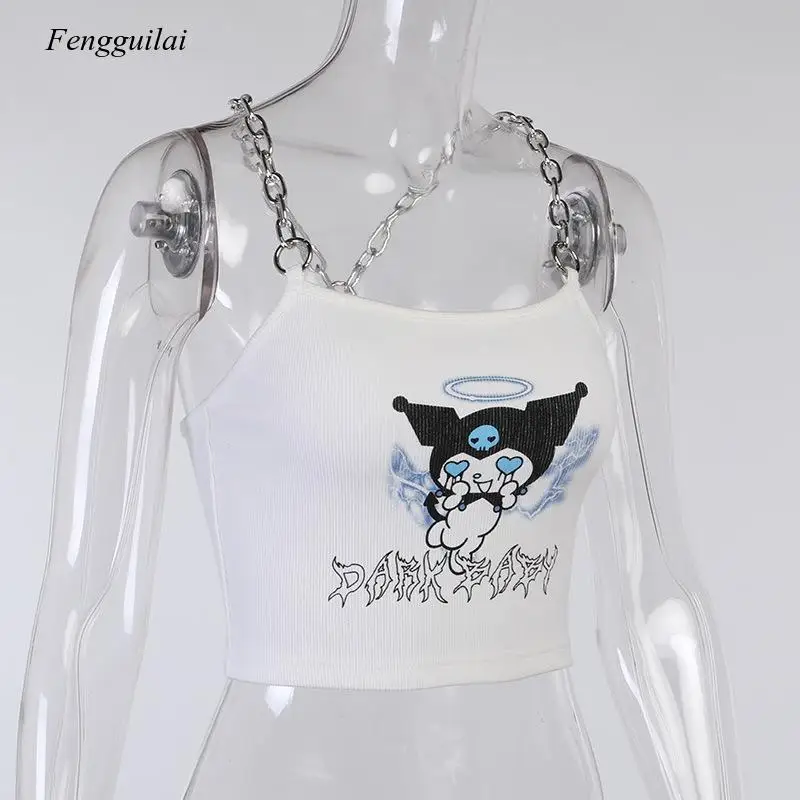 

Summer New White Cute Cartoon Print Top with Chain Little Fashion Suspender Vest for Girl 2021