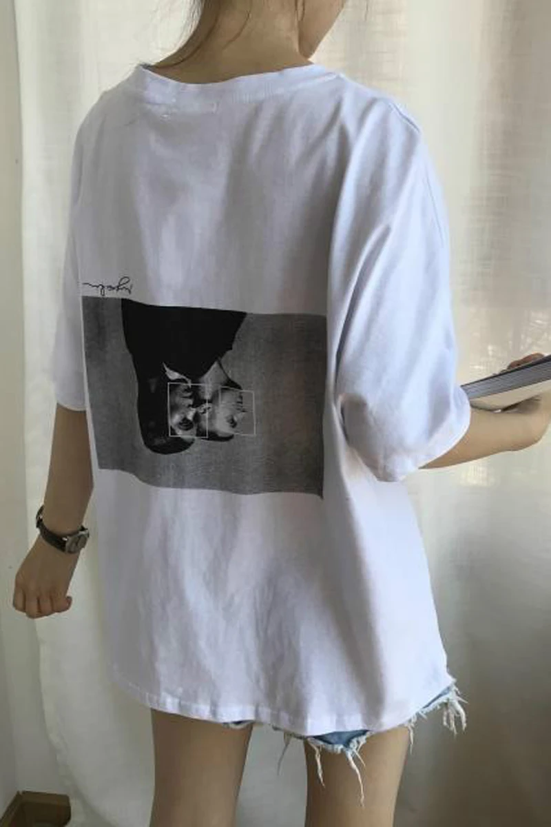 

Summer simple Harajuku style loose retro character solid color short-sleeved T-shirt women