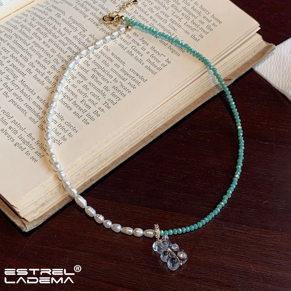 

Korean Cute Transparent Bear Zircon Pearl Beaded Necklace For Women Handmade Crystal Beads Strand Asymmetric Necklaces Jewelry