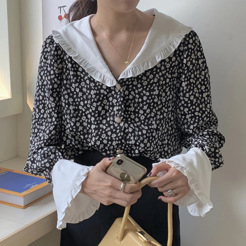 Женская винтажная рубашка с расклешенным рукавом однобортная Элегантная блузка