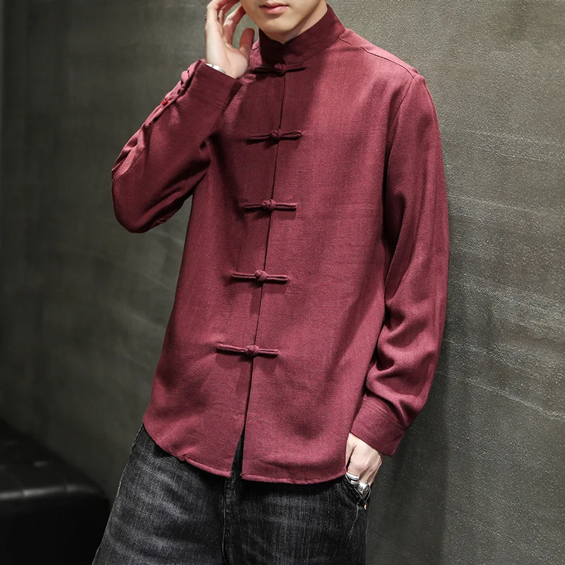 2021 Spring Autumn New Chinese Style Button Shirts for Men Cotton and Linen Long Sleeve Solid Color Kung Fu Tai Chi Top | Тематическая
