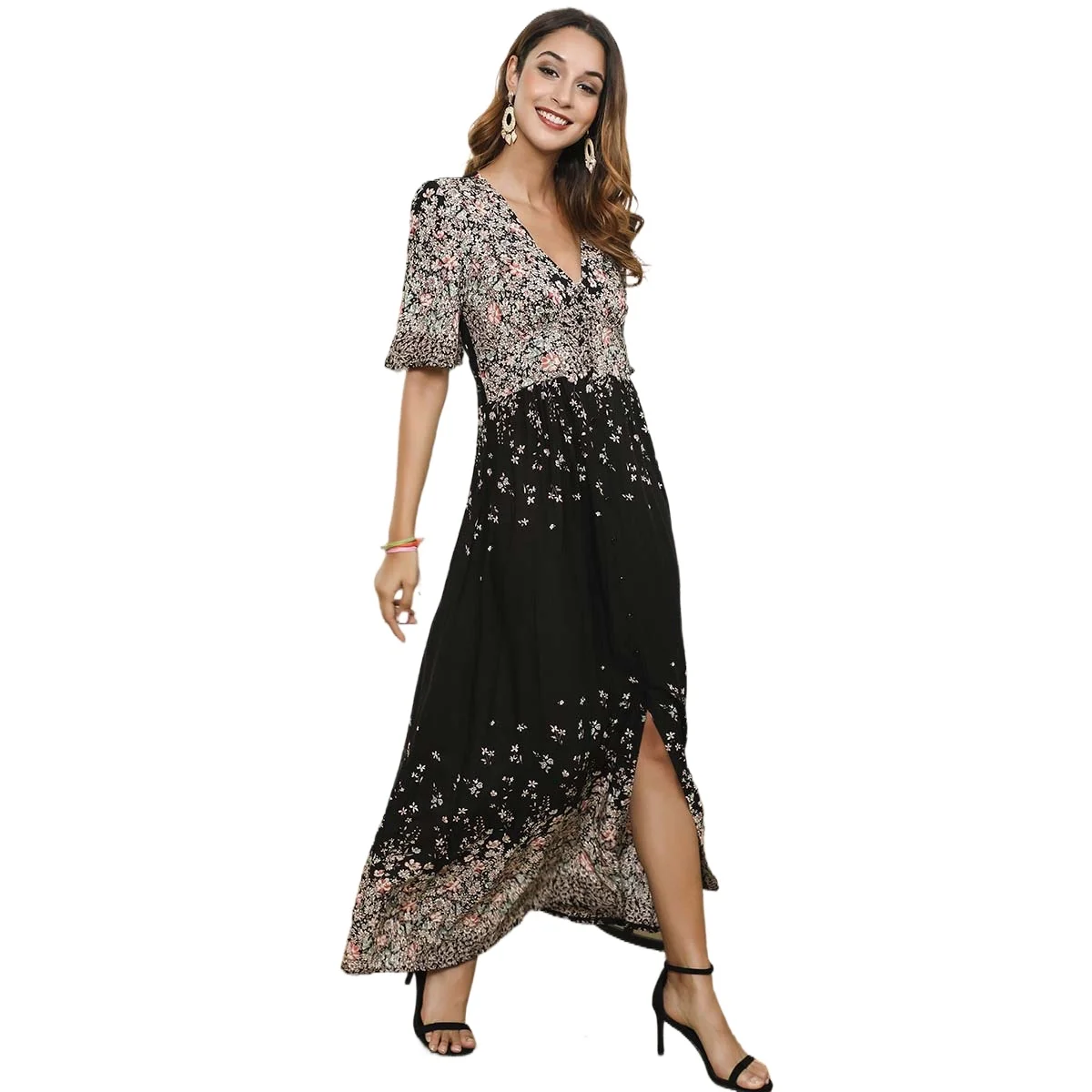 

Short-Sleeve Floral Dress Summer Women's Clothing V-Neck Maxi Dress for Women Long
