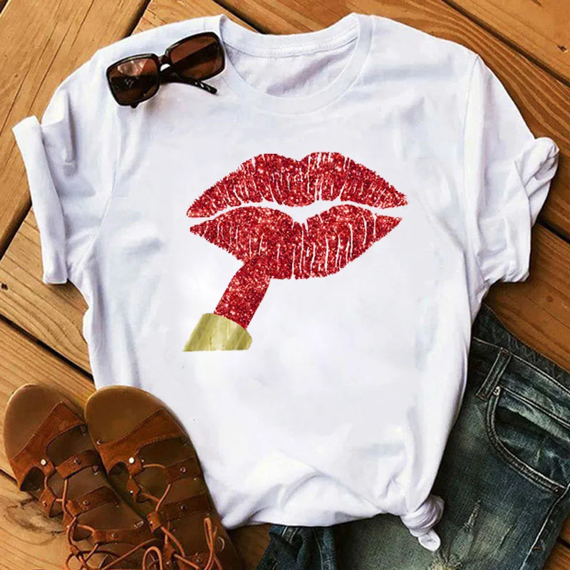 

New Fashion Women T Shirt Summer Short Sleeve Tops Tee Casual Harajuku T-shirts Cute Tee Woman T-shirt Pink Lips Print T-shirt