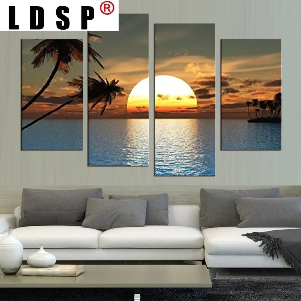 

ЛДСП 4 панелей абстрактные картины на холсте Плакаты отпечатки Закат океан диван стены искусства картина для современные домашний декор Го...
