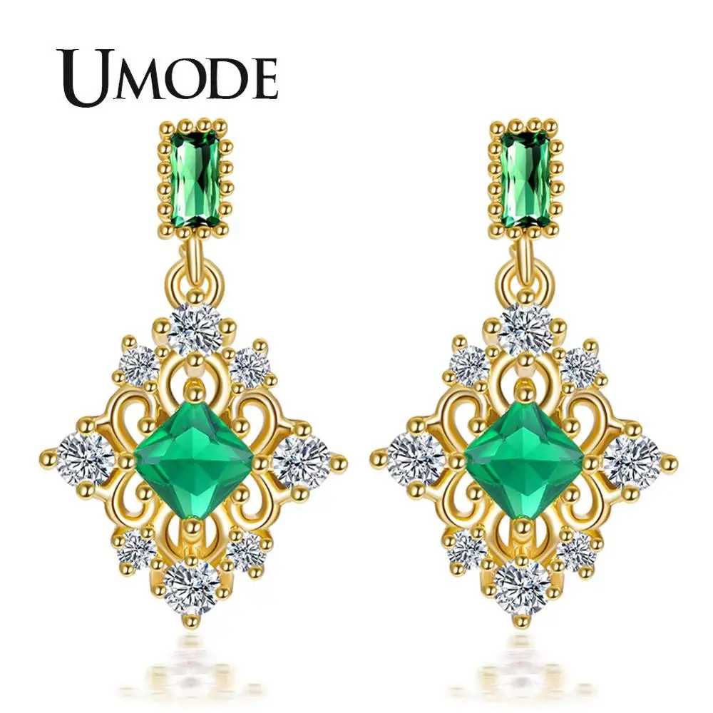 UMODE индийские Золотые серьги для женщин модные зеленые кубические кристаллы