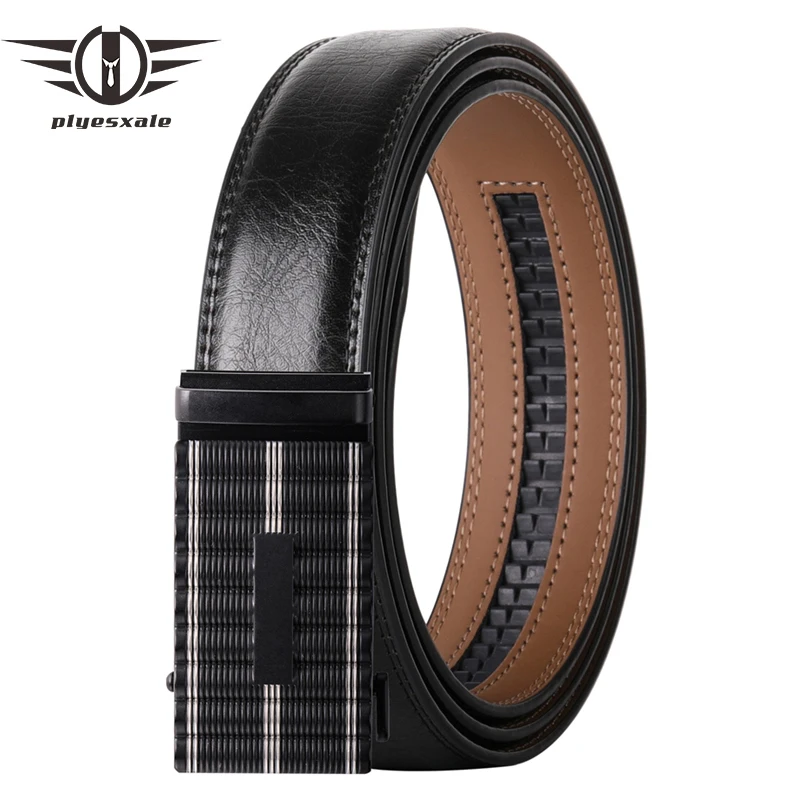 Plyesxale Новая автоматическая пряжка мужские ремни из натуральной кожи, высокое качество, роскошный ремень для мужчин повседневная поясной ремень мужской B459