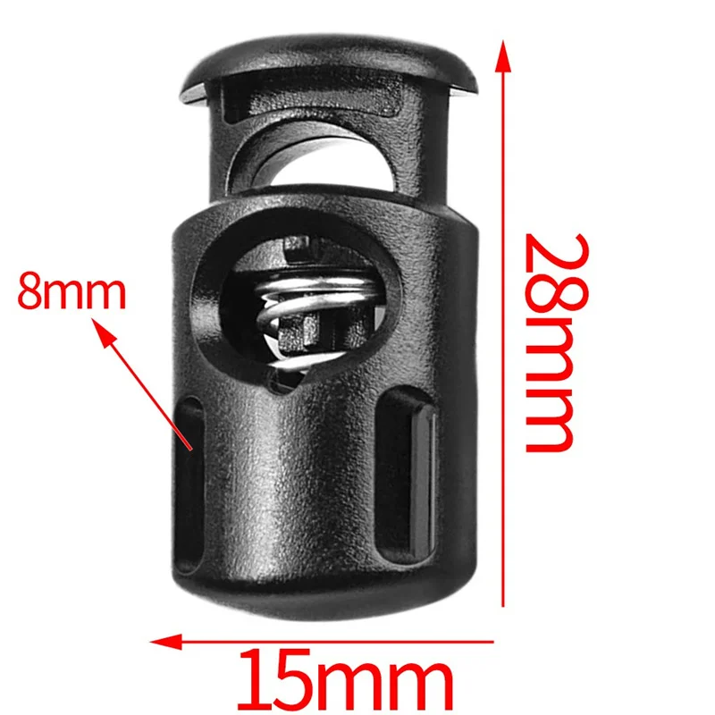 50 шт./лот Пластиковая черная защелка для шнура с пружинным замком и одним отверстием для регулировки шнура для деталей одежды из паракорда.