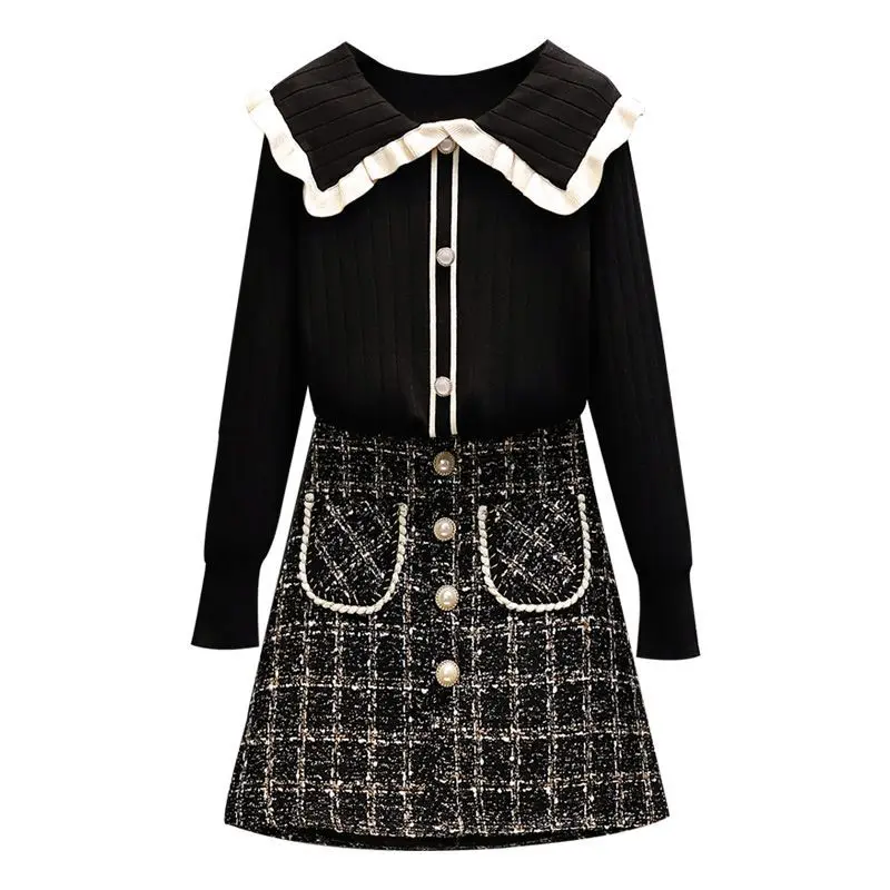 

Big size women's dress 200 Jin fat sister spring suit women's foreign style sweater slim skirt two piece set