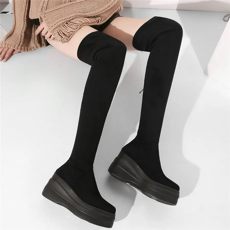 

Slim Leg Fashion Sneakers Women Stretchy Velvet Wedges High Heel Over The Knee High Boots Female Round Toe Platform Pumps Shoes