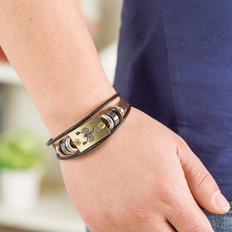 Drop Shipping Hot Sale Fashion 12 Zodiac Signs Bracelet for Men Stainless Steel Clasps Genuine Leather Cuff Romantic Jewelry | Украшения и
