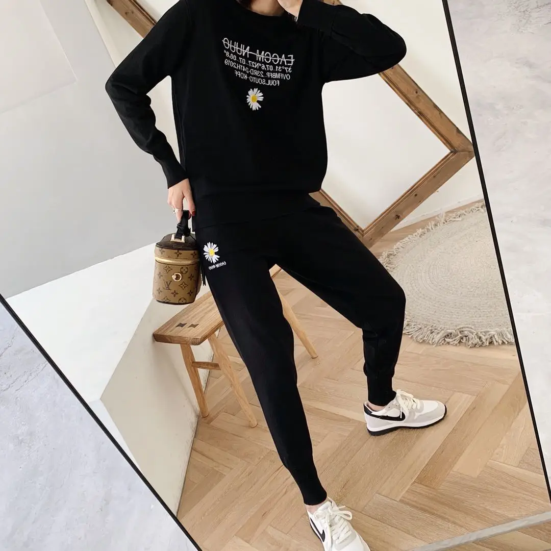 

Casual Pants Knitted 2 Pieces Set Pullovers & Elastic Waist Pants Women Sweater Sets 2020 Spring Knitted Set