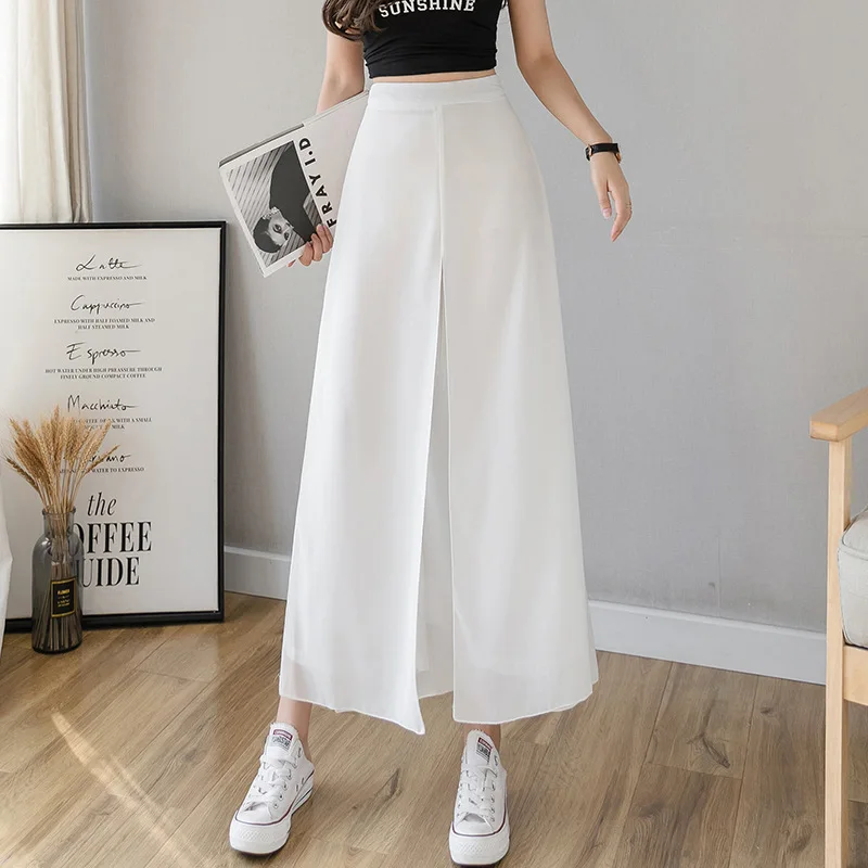 

Summer Korean High Waist Thin Women Pants Western Style Ice Silk Chiffon Wide Leg Trouser Women Plus Size Loose Gauze Hakama