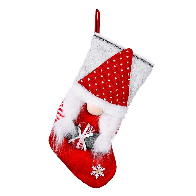 

Christmas Gnome Holding Present Christmas Stockings Candy Bag Xmas Wide-Brimmed Stocking for Home Holiday Decoration