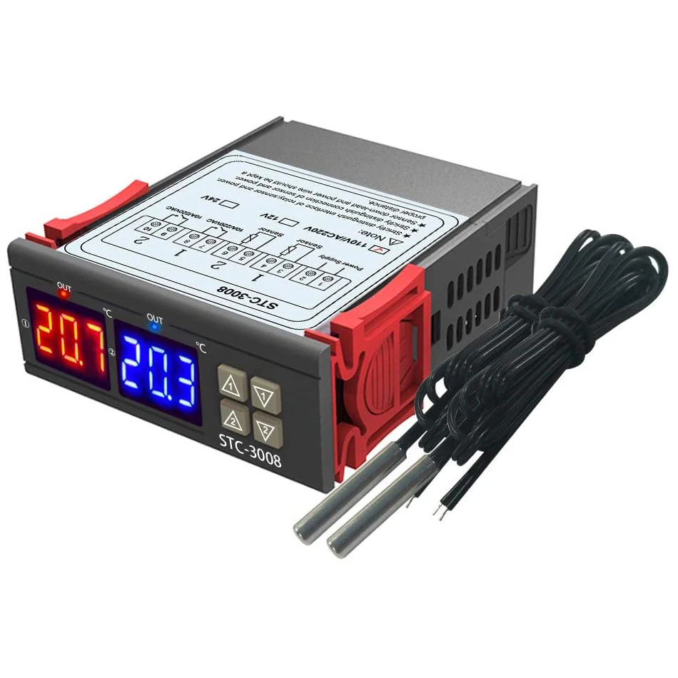 

STC-3008 двойной цифровой регулятор температуры, два выхода реле 12 в 24 В 220 В терморегулятор Термостат с кулером нагревателя
