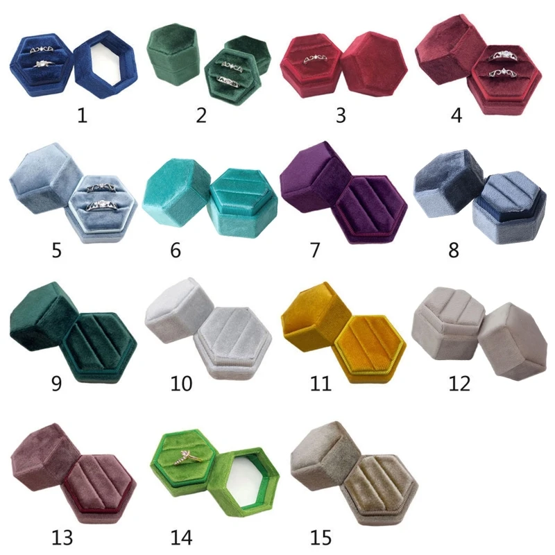 

2021 New Velvet Double Ring Box Hexagon Wedding Ceremony Ring Box with Detachable Lid 2020 trend