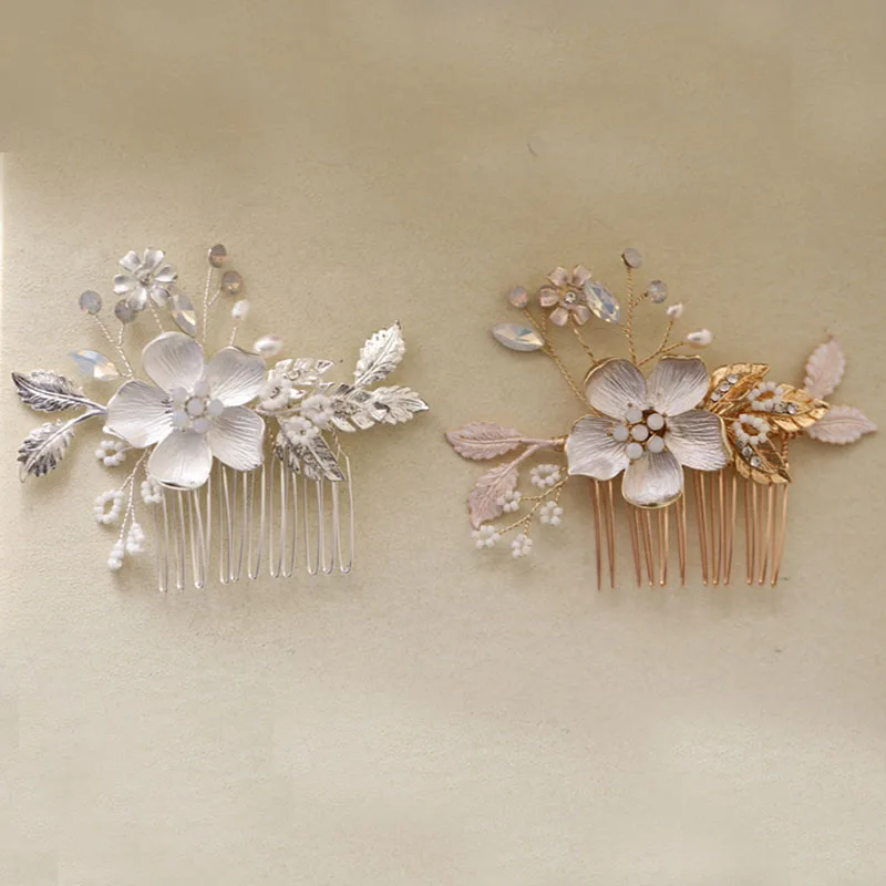 

SLBRIDAL Handmade Ins Style Alloy Leaf Flower Rhinstones Crystal Pearls Bridal Hair Comb Wedding Hair Accessories Women Jewelry