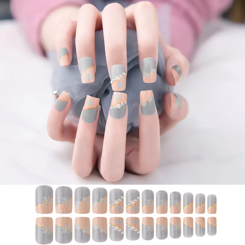 

24PCS Blue Floral Nail Patch Sweet Style Removable Long Square Head Manicure Save Time Glue Type False Nail Patch SAL99
