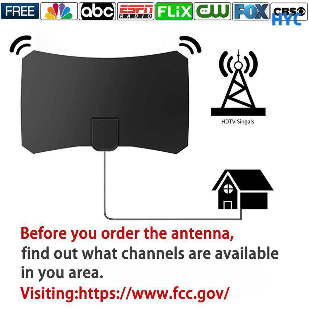 

TV Antenna 50 Miles Flat Signal Amplifier VHF UHF 1080P Digital Indoor Ultra Thin HD Aerial