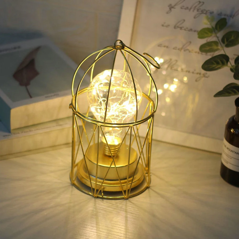 

Industrial Retro Wrought Iron Geometry Bedroom Table Lamp Living Room Office Reading Nightstand Hanging LED Night Light E27 Bulb