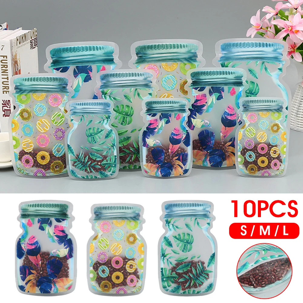 

10pcs Reusable Bag Mason Jar Bottles Nuts Cookies Zipper Seal Food Storage Bags Snacks Kitchen Freezer Organizer Portable Travel