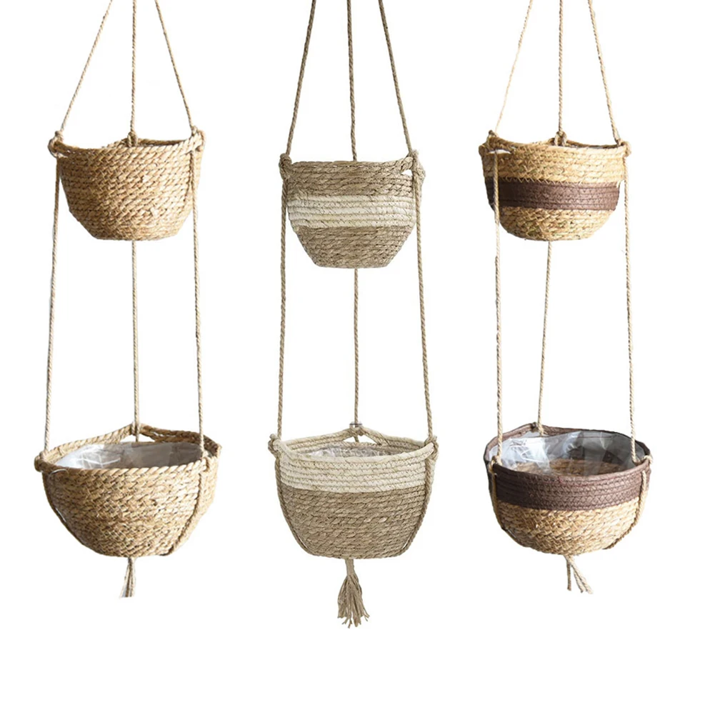 

​2 Tier Hanging Planter Basket Handmade Plant Hanger Decorative Hand-woven Hanging Planter Pot Holder #W0