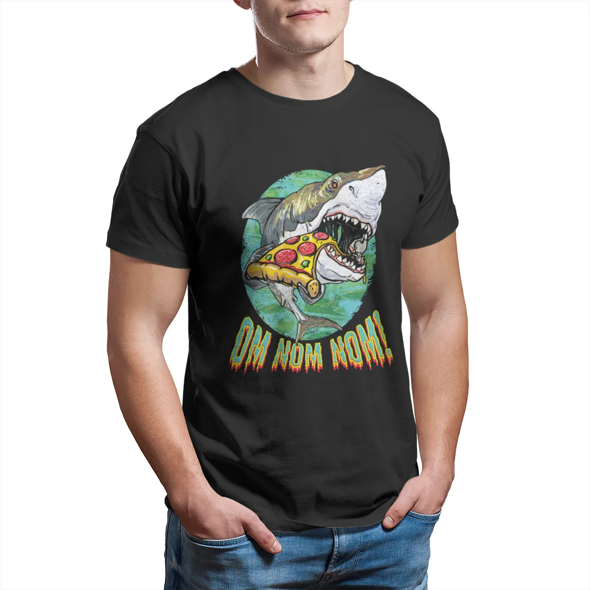 

Great White Shark Pizza Men's T-Shirt Custom 100% Cotton Vintage Wholesale Clothes Short Sleeve Men Clothing 29157