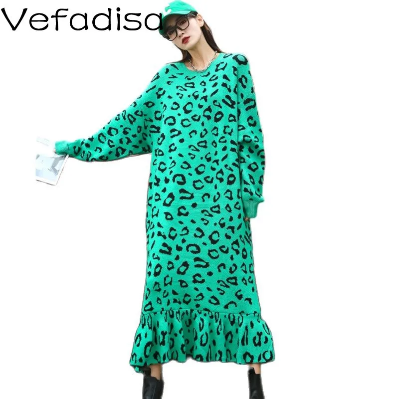 

Vefadisa 2021 Autumn New Women Clothing Leopard Print Round Neck Mid-length Sweater Dress Loose Plus Size Sweater Dress TT257