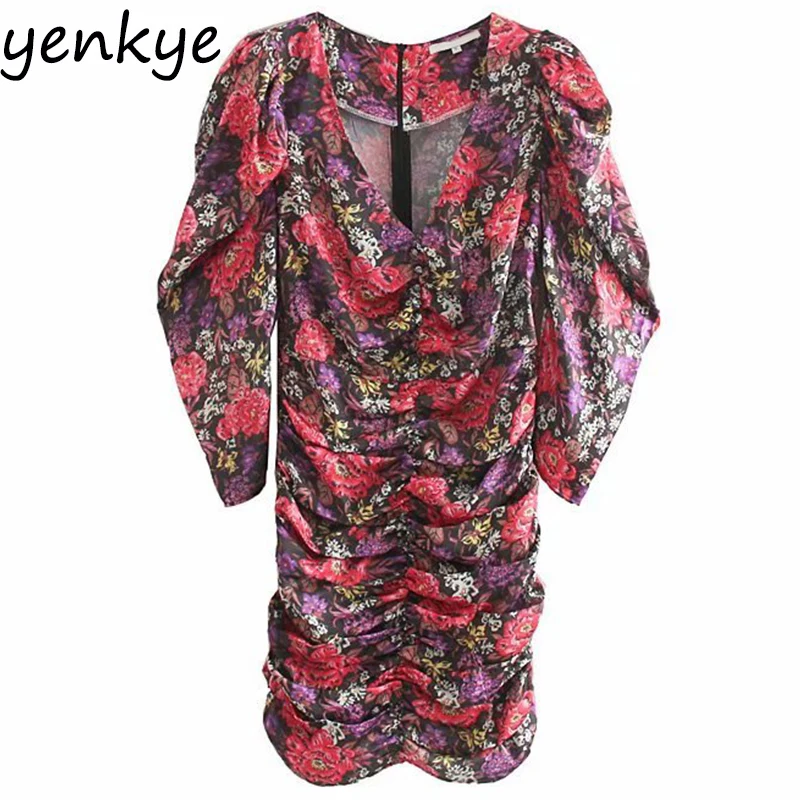 Женское винтажное мини-платье с цветочным принтом V-образным вырезом | Женская