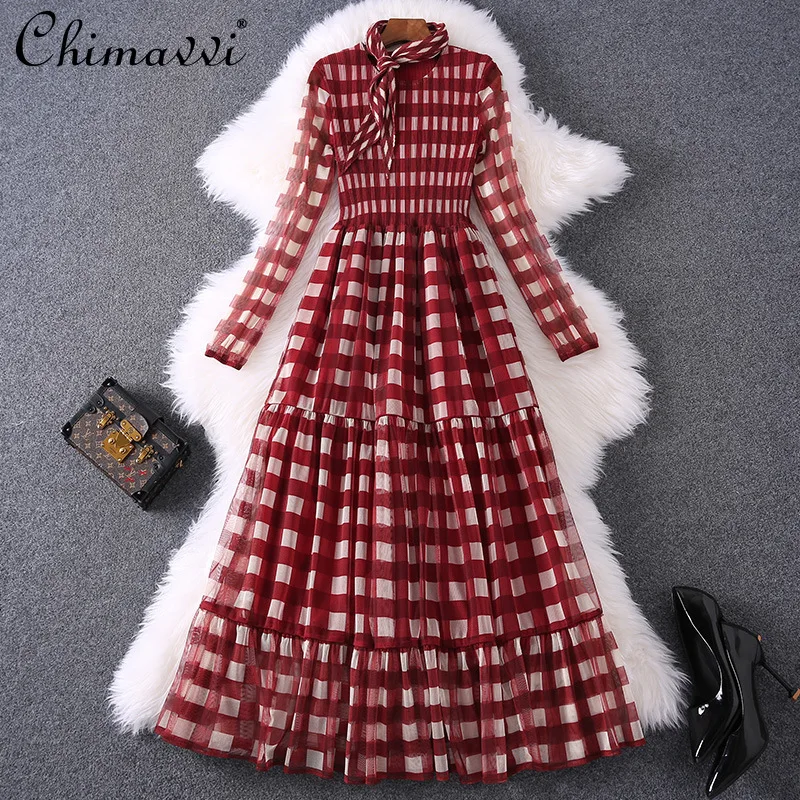

2021 Fall Women's Clothing New Fashion Plaid Plaid Gauzy Long Sleeve Tie Retro Dress High Waist Slimming Elegant Midi Dress