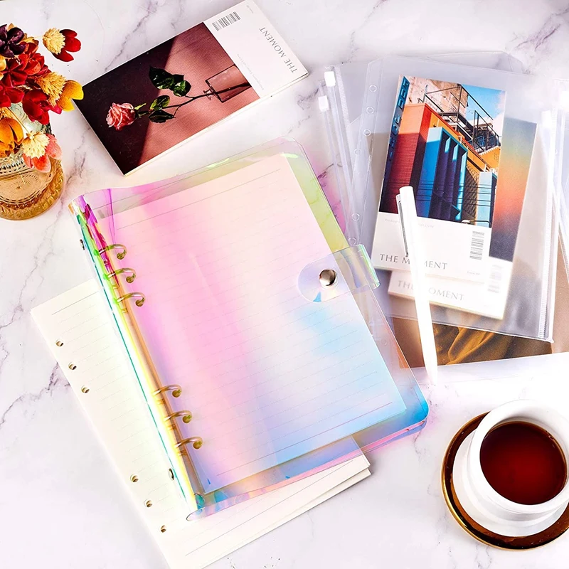 

6 Ring Rainbow Soft PVC Notebook Binder Cover with Snap Button Closure 12 Binder Pockets and 45 Loose Leaf Paper