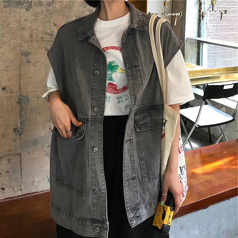 Винтажный корейский топ 2020 весенний однобортный жилет с длинным карманом для